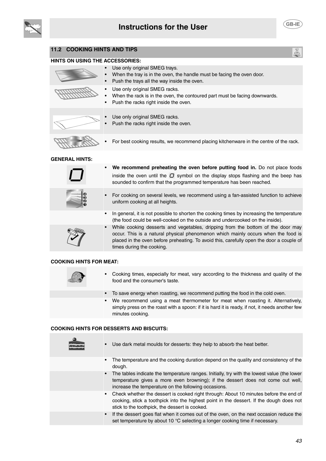 Smeg CE9CMX manual Instructions for the User, Cooking Hints And Tips, Hints On Using The Accessories, General Hints 