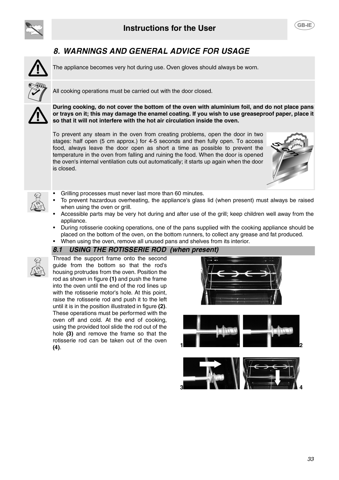 Smeg CE9CMX manual Warnings And General Advice For Usage, USING THE ROTISSERIE ROD when present, Instructions for the User 