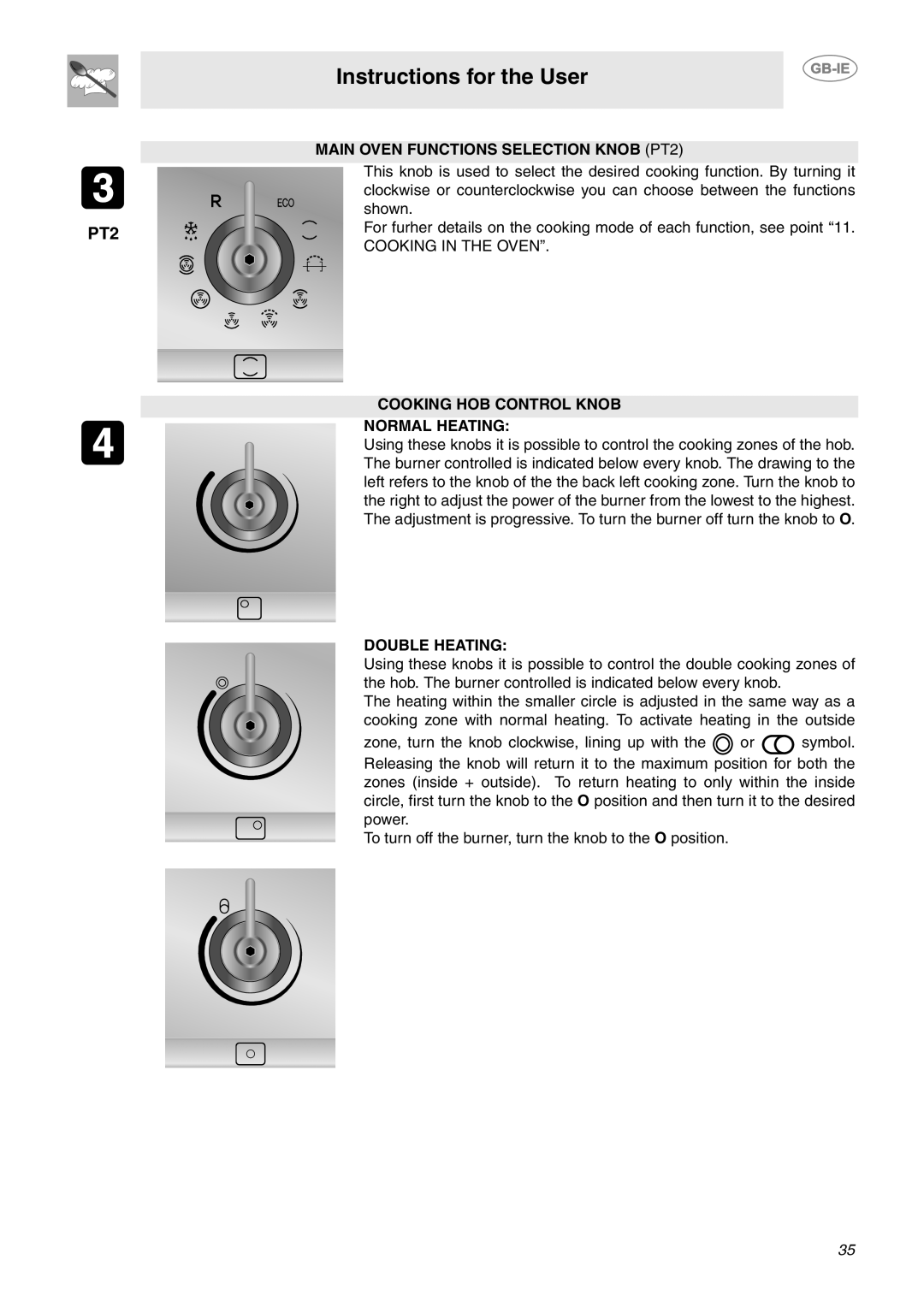 Smeg CE9CMX Instructions for the User, MAIN OVEN FUNCTIONS SELECTION KNOB PT2, Cooking Hob Control Knob Normal Heating 