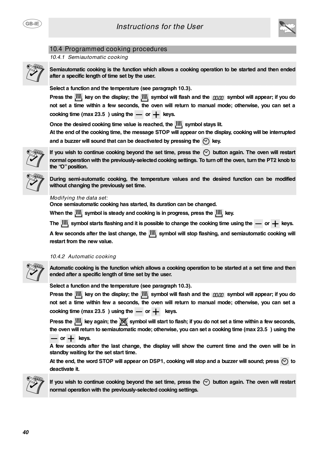 Smeg CE9IMX manual Programmed cooking procedures, Semiautomatic cooking, Modifying the data set, Automatic cooking 