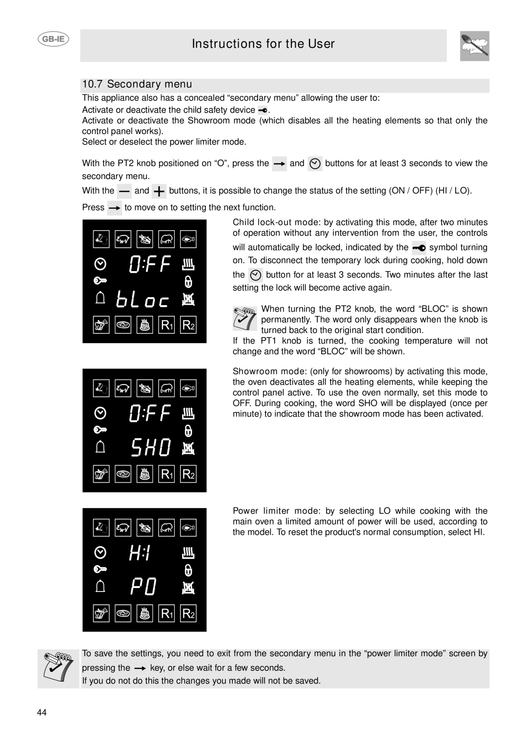 Smeg CE9IMX manual Secondary menu 