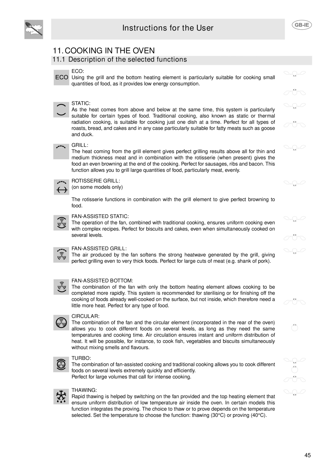 Smeg CE9IMX manual Cooking in the Oven, Description of the selected functions 