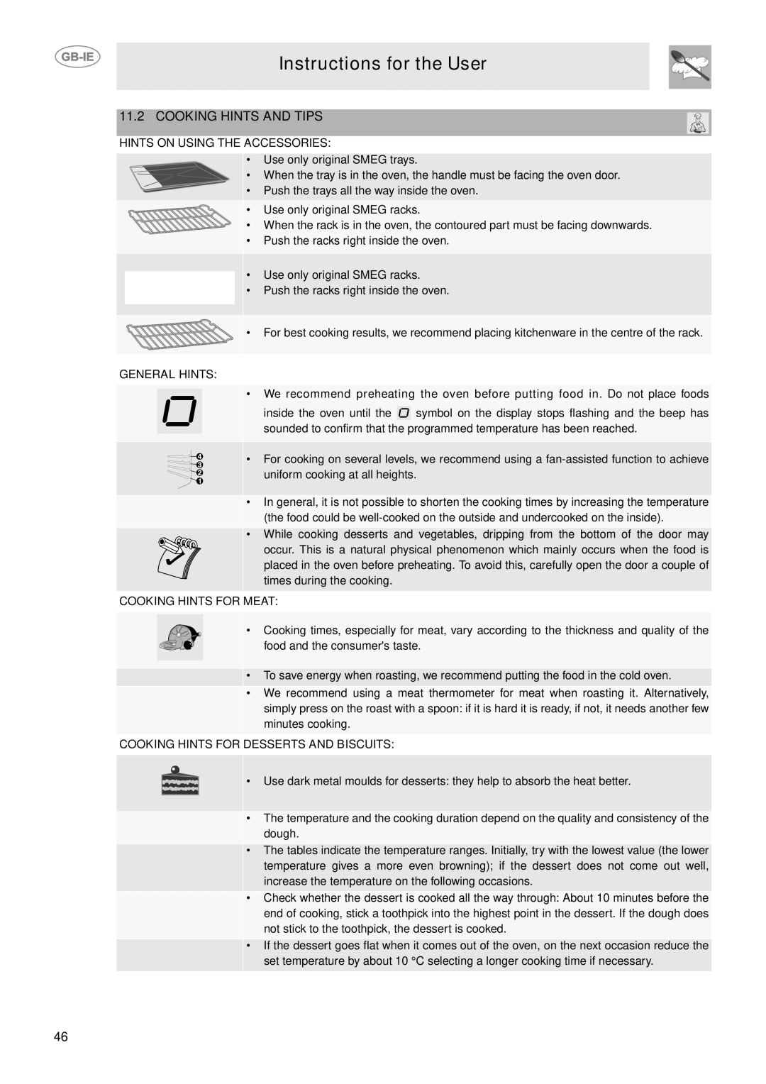 Smeg CE9IMX manual Cooking Hints and Tips, Hints on Using the Accessories 