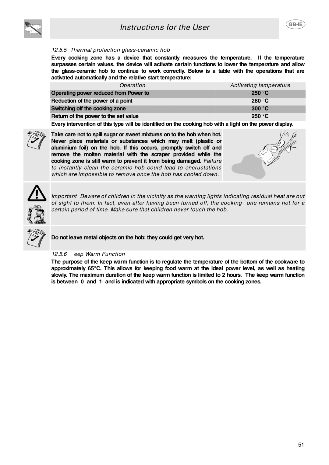 Smeg CE9IMX manual Thermal protection glass-ceramic hob, Keep Warm Function 