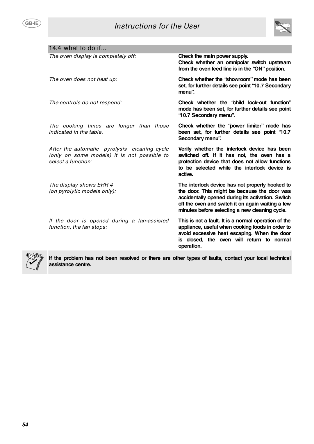 Smeg CE9IMX manual What to do if, Oven display is completely off, Oven does not heat up, Controls do not respond 