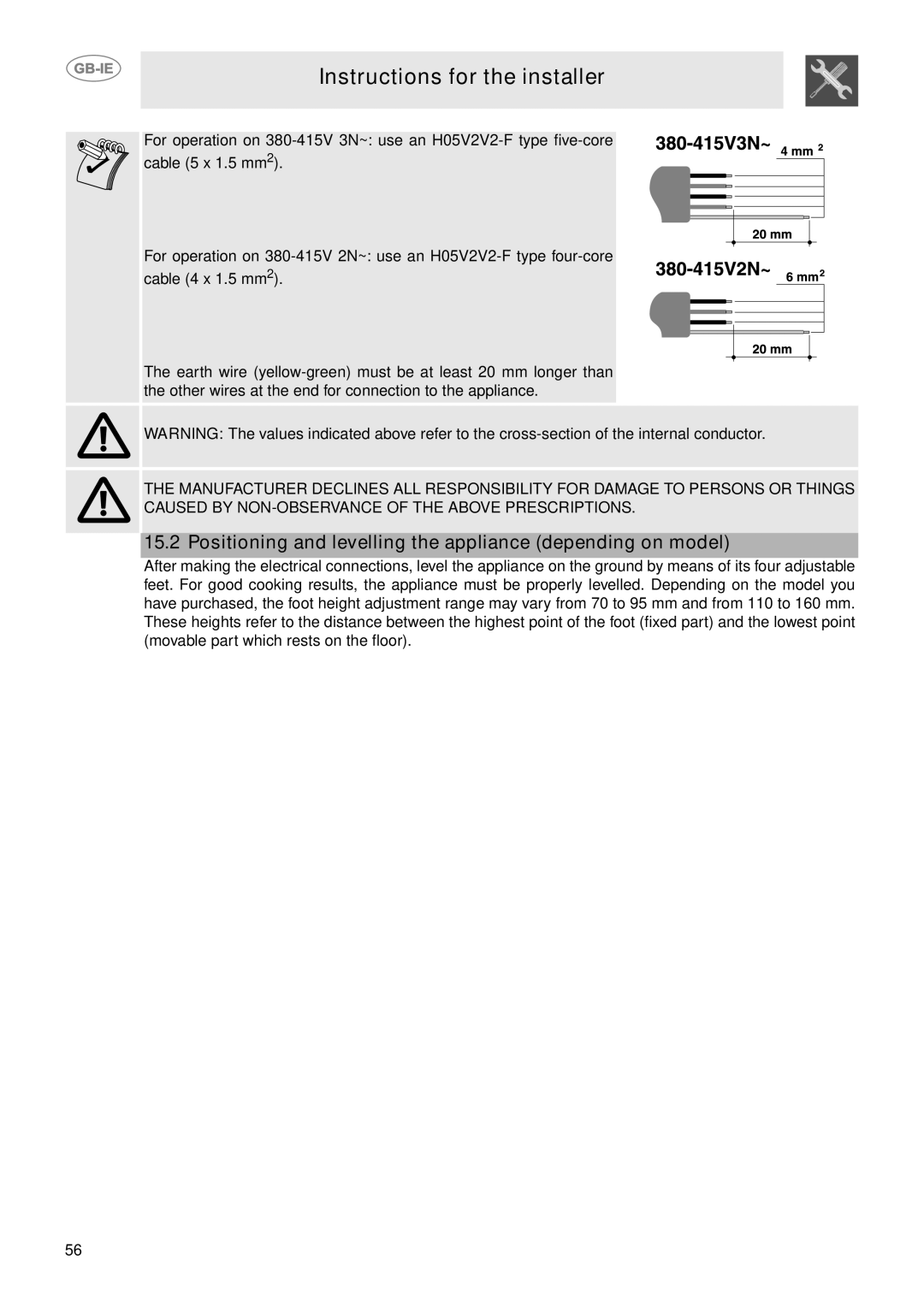 Smeg CE9IMX manual Positioning and levelling the appliance depending on model 