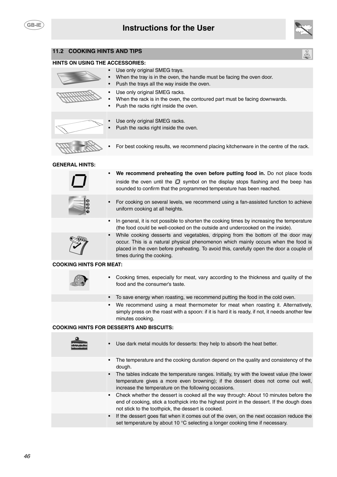 Smeg CE9IMX manual Instructions for the User, Cooking Hints And Tips, Hints On Using The Accessories, General Hints 
