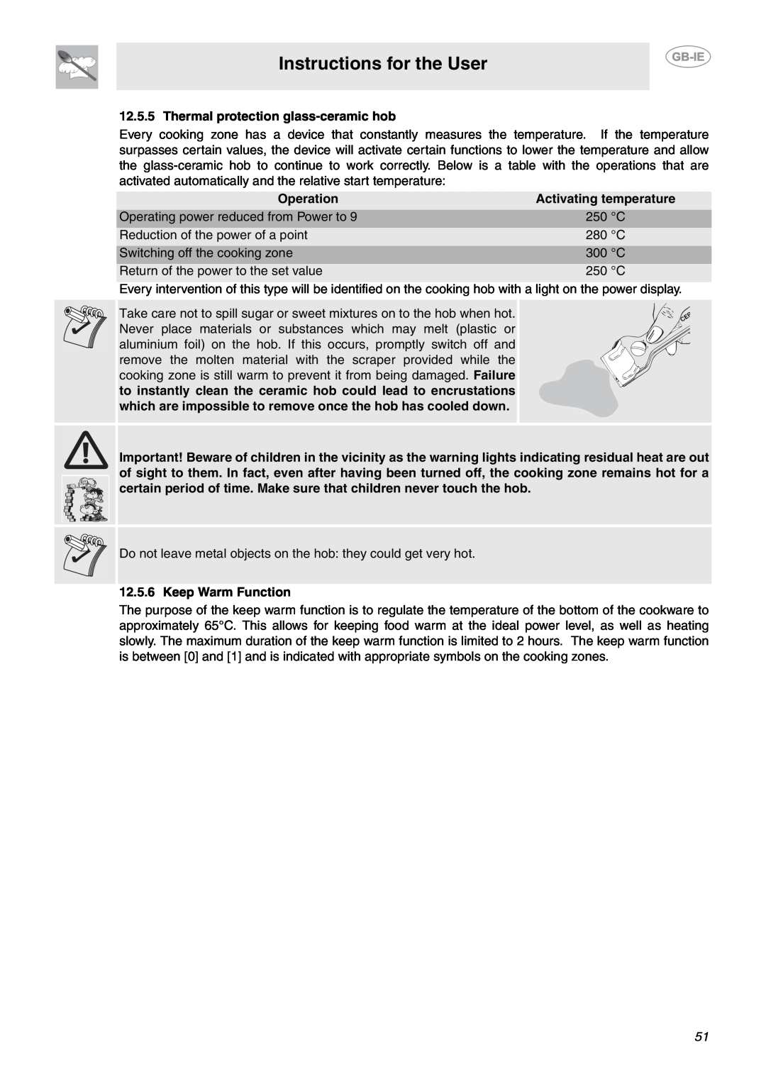 Smeg CE9IMX manual Instructions for the User, Thermal protection glass-ceramic hob, Operation, Activating temperature 