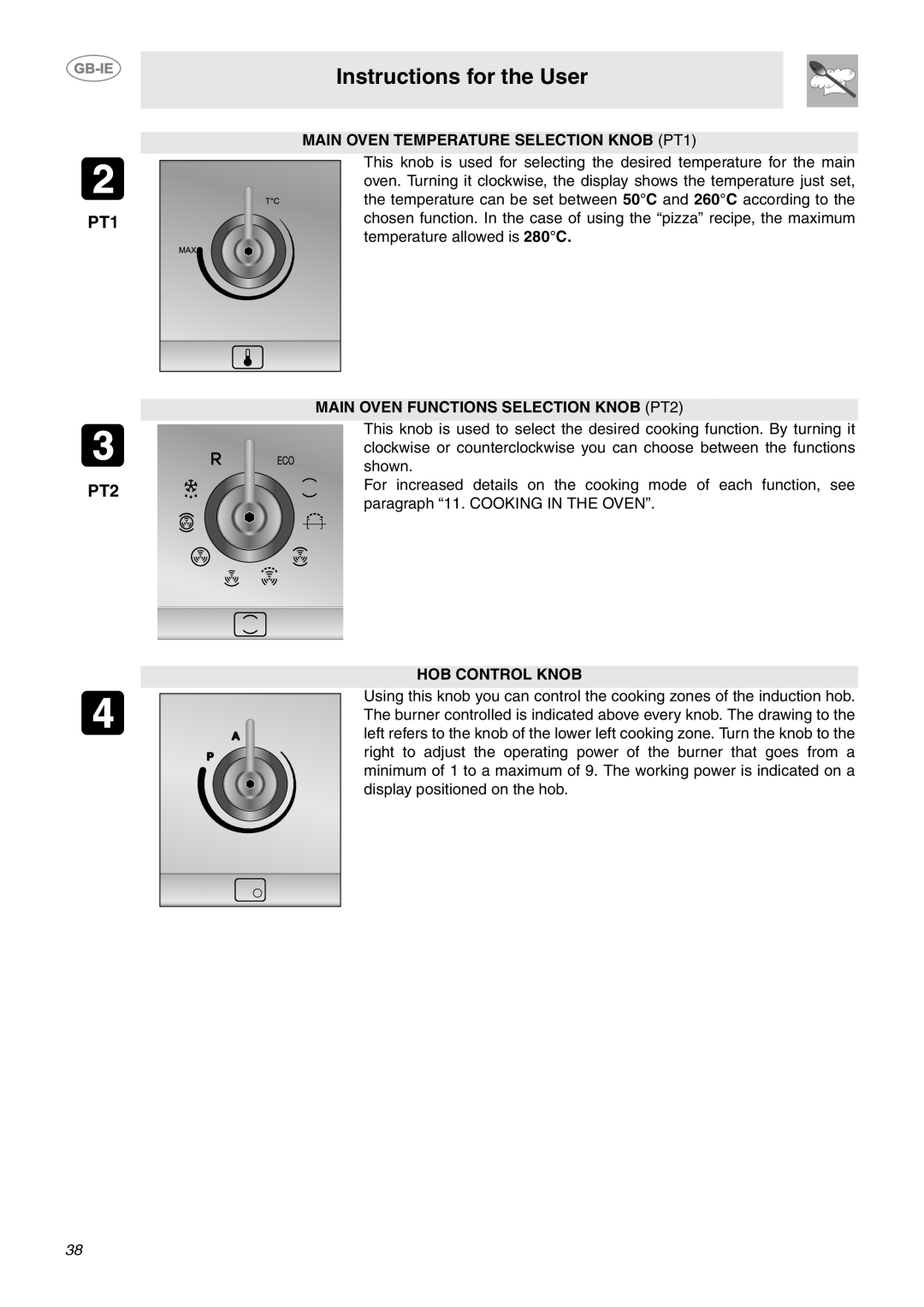 Smeg CE9IMX manual Instructions for the User, PT1 PT2, MAIN OVEN TEMPERATURE SELECTION KNOB PT1, Hob Control Knob 
