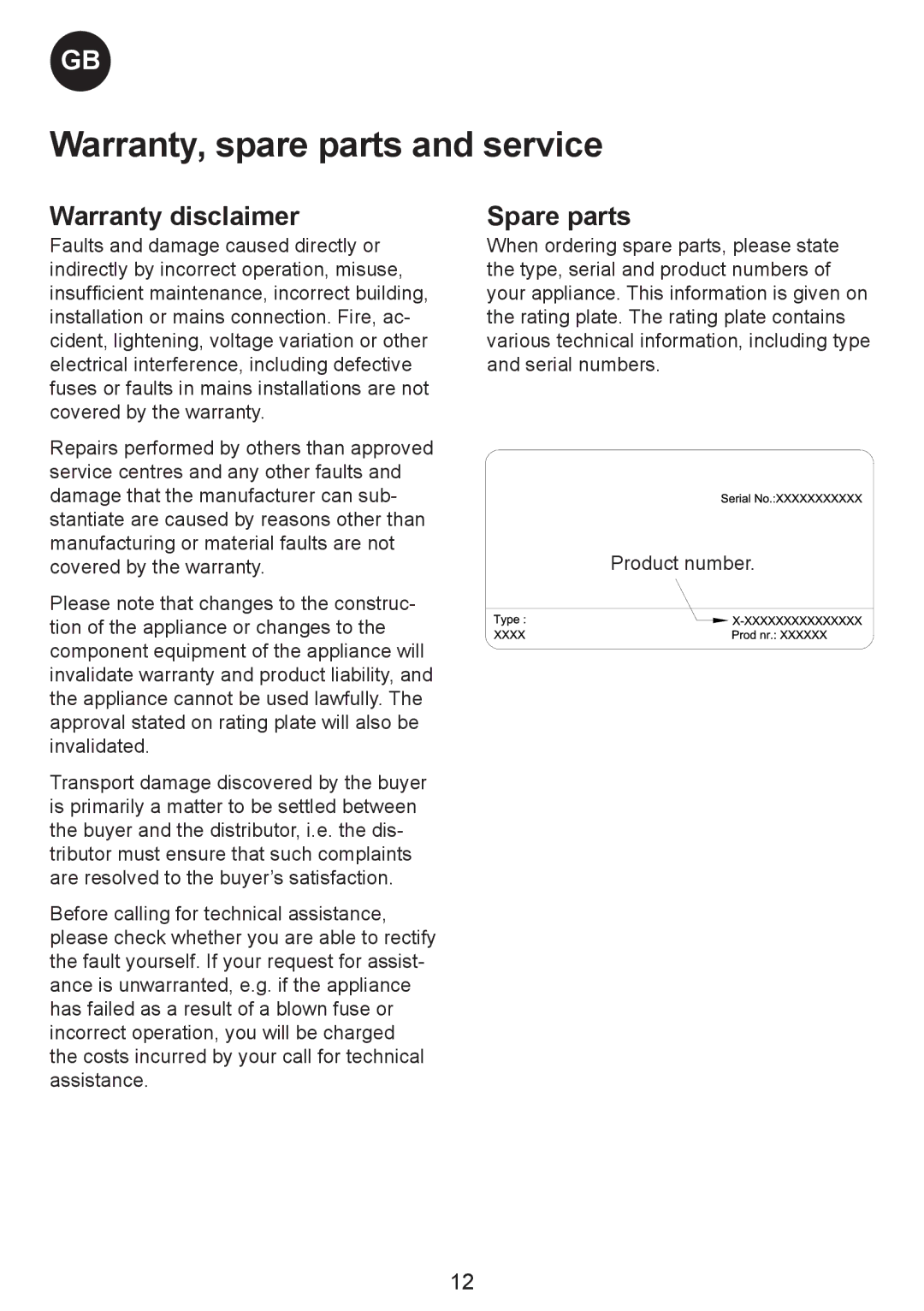 Smeg CH400, CH500, CH300 manual Warranty, spare parts and service, Warranty disclaimer, Spare parts 