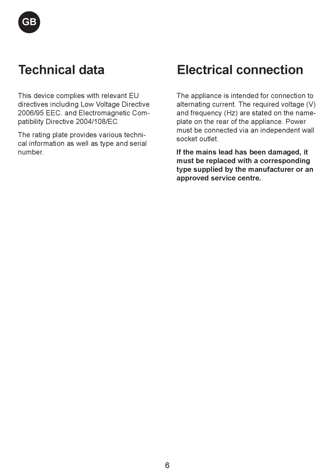 Smeg CH400, CH500, CH300 manual Technical data, Electrical connection 