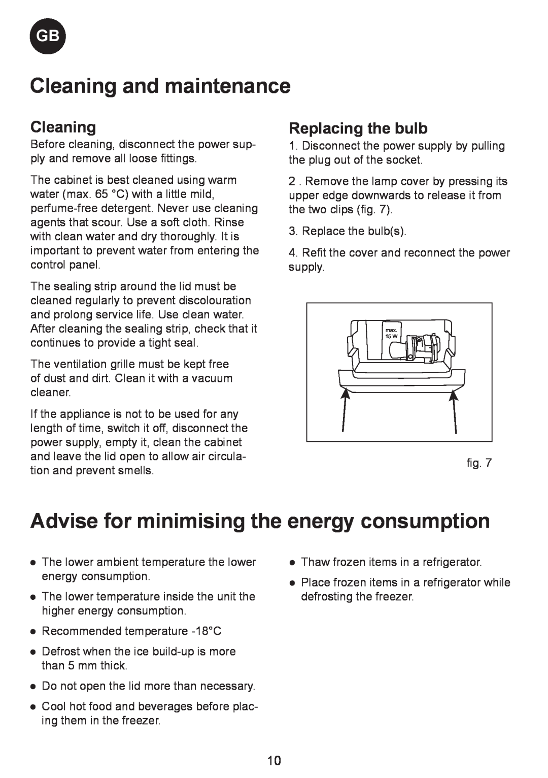 Smeg CH500, CH400, CH300 manual Cleaning and maintenance, Advise for minimising the energy consumption, Replacing the bulb 