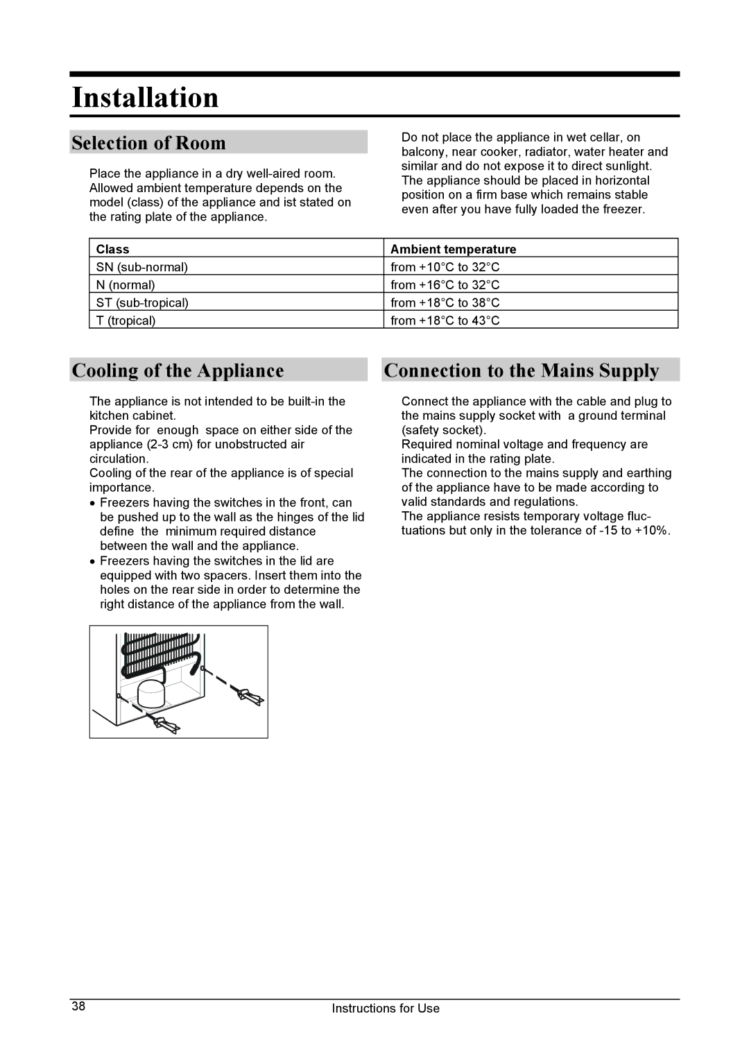 Smeg Chest-type manual Installation, Selection of Room, Cooling of the Appliance Connection to the Mains Supply 