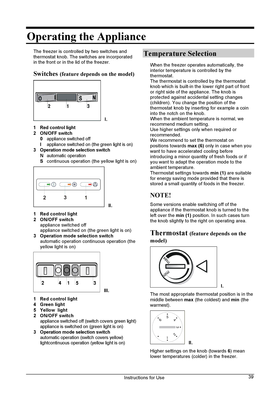 Smeg Chest-type manual Operating the Appliance, Temperature Selection 