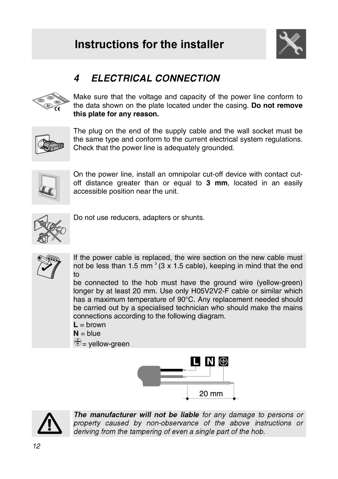 Smeg CIR34AX3 manual Electrical Connection 