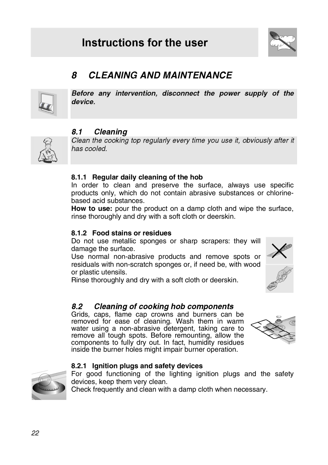 Smeg CIR34AX3 manual Cleaning and Maintenance, Cleaning of cooking hob components 