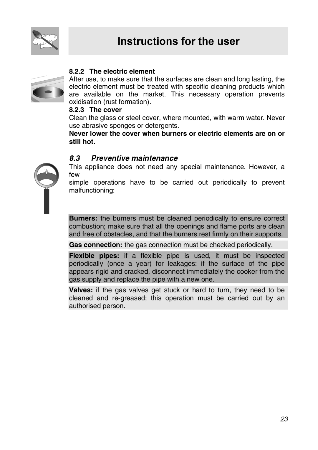 Smeg CIR34AX3 manual Preventive maintenance, Electric element, Cover 