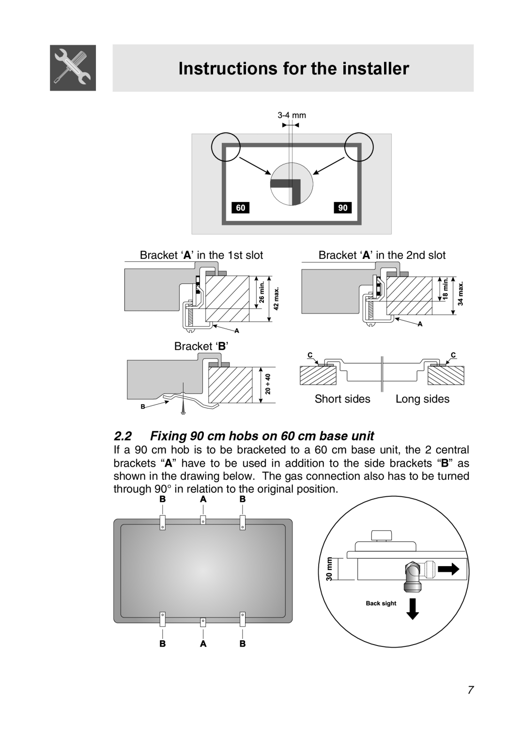 Smeg CIR34AX3 manual Fixing 90 cm hobs on 60 cm base unit 