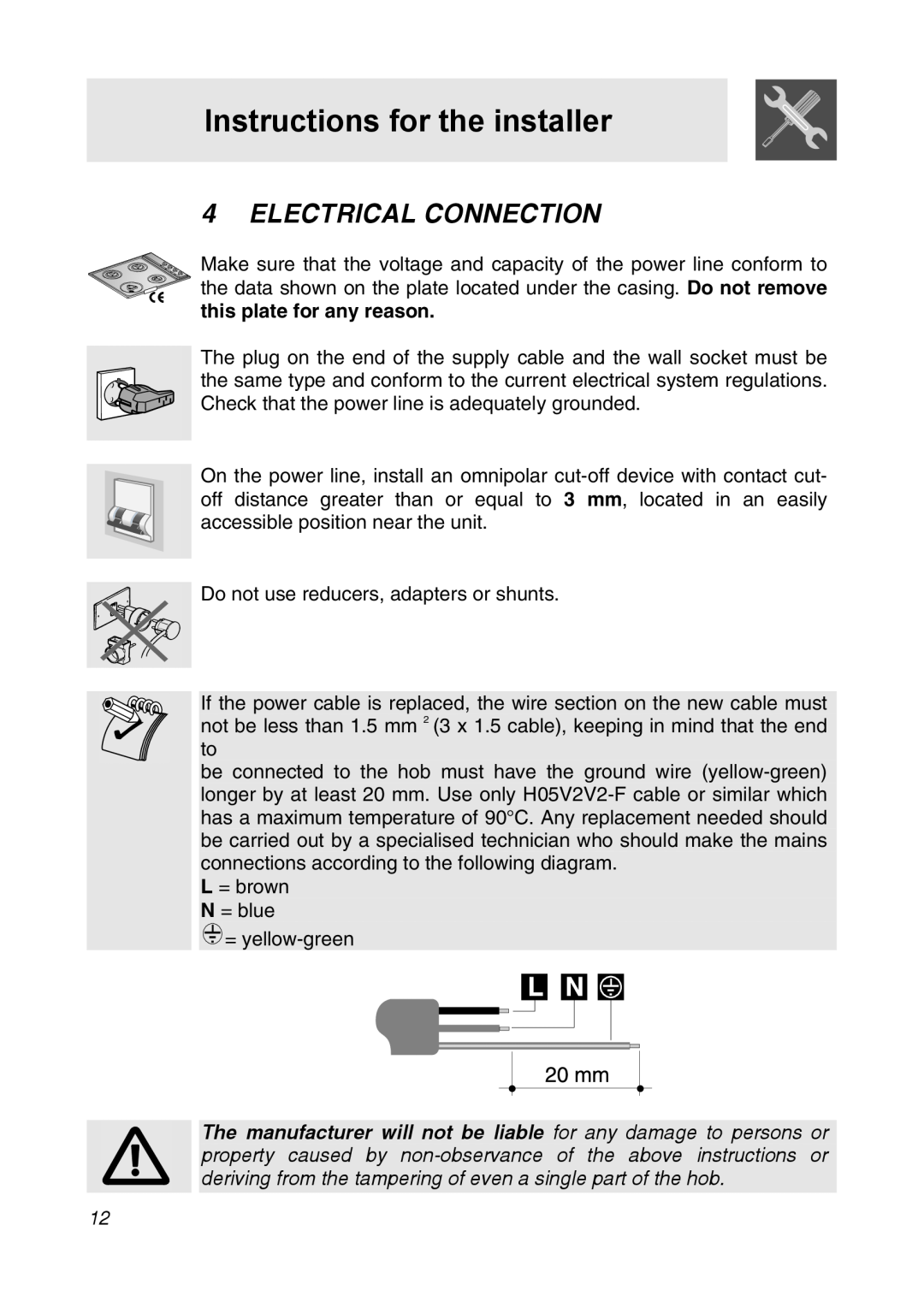 Smeg CIR34AX3 manual Electrical Connection, Instructions for the installer 