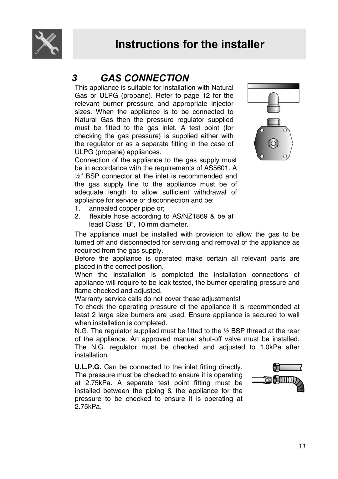 Smeg CIR34AX3 manual Instructions for the installer, Gas Connection 