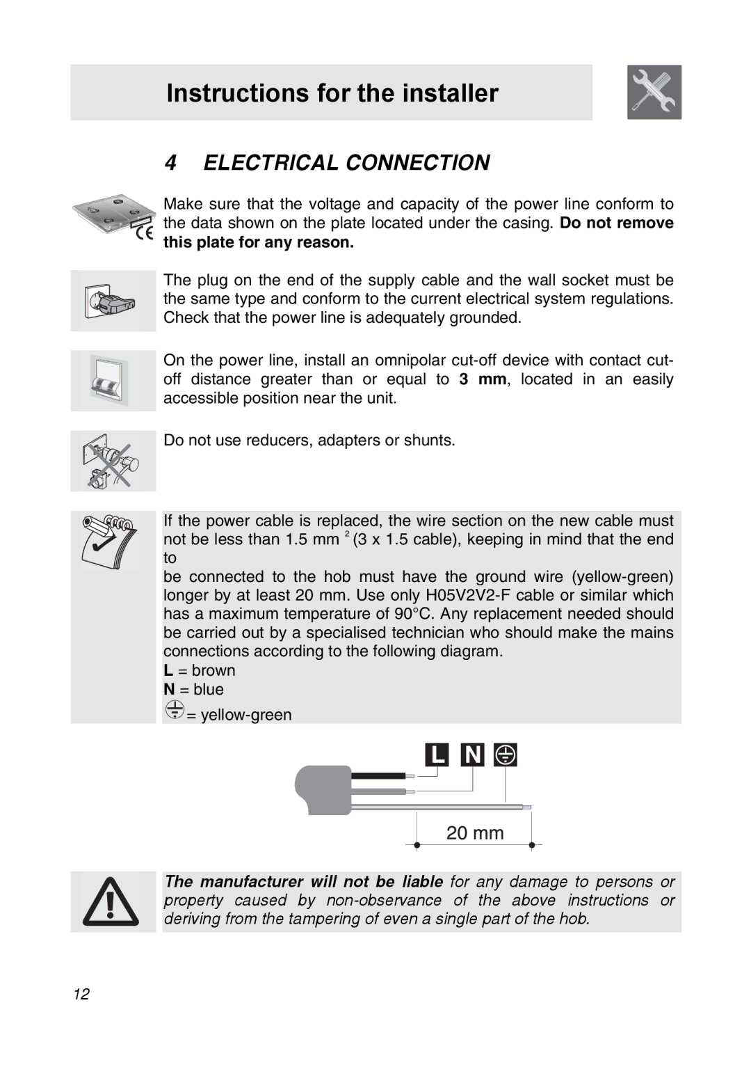 Smeg CIR34XS manual Electrical Connection, This plate for any reason 