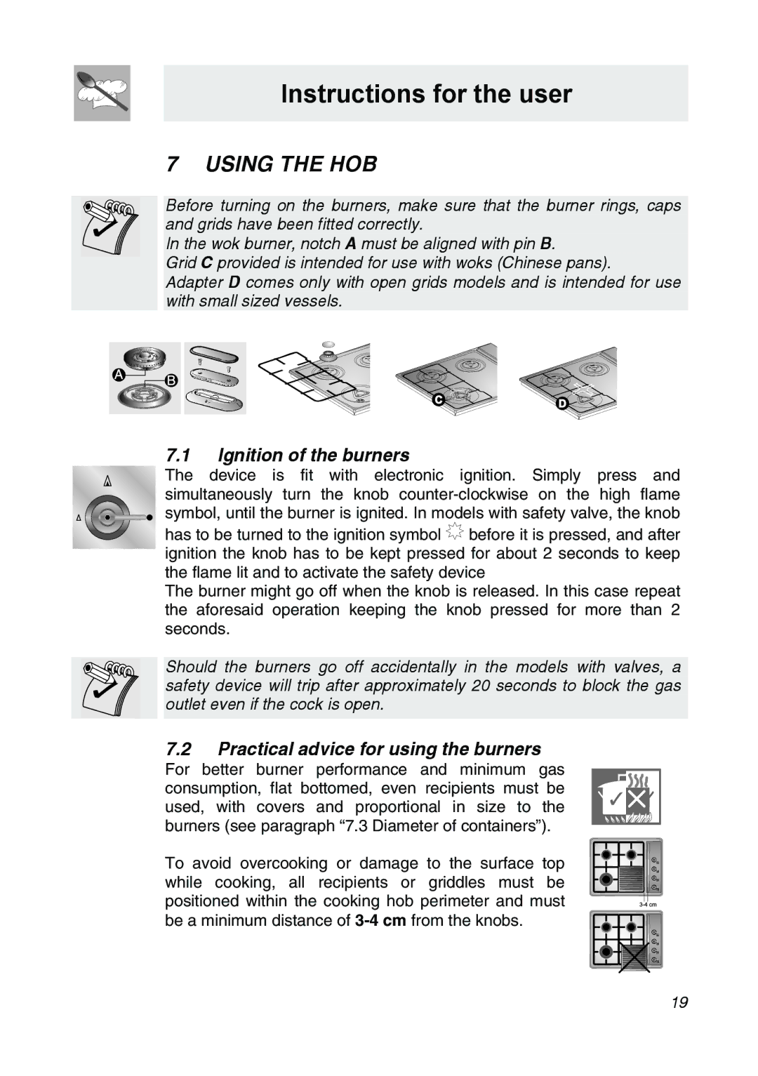 Smeg CIR34XS Instructions for the user, Using the HOB, Ignition of the burners, Practical advice for using the burners 