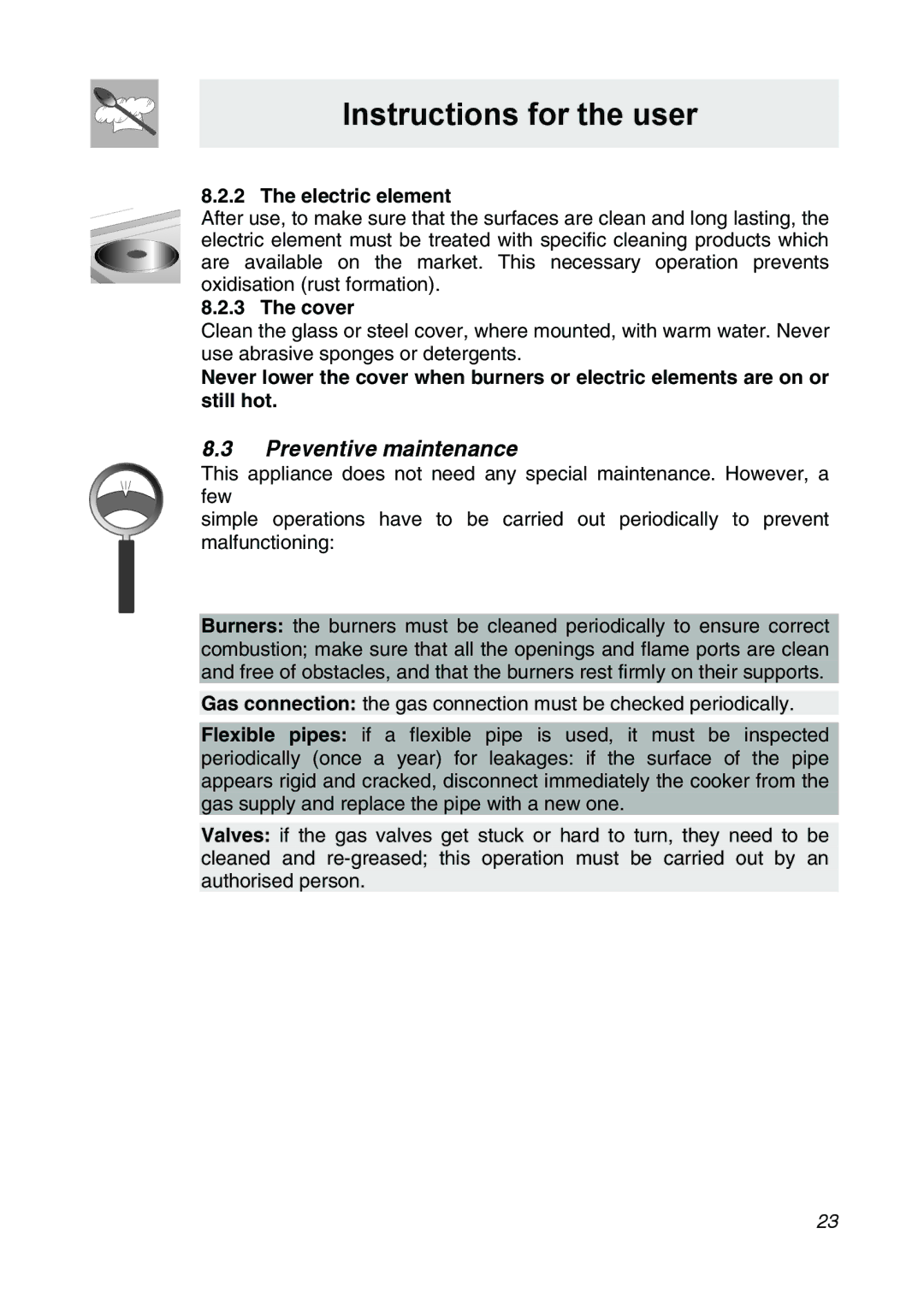 Smeg CIR34XS manual Preventive maintenance, Electric element, Cover 