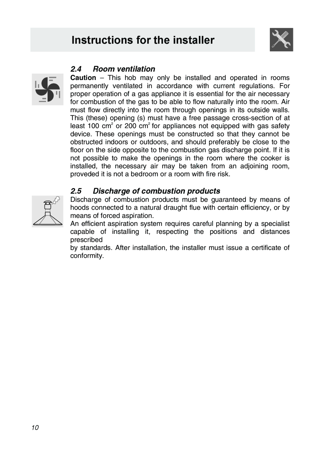 Smeg CIR34XS manual Room ventilation Discharge of combustion products 