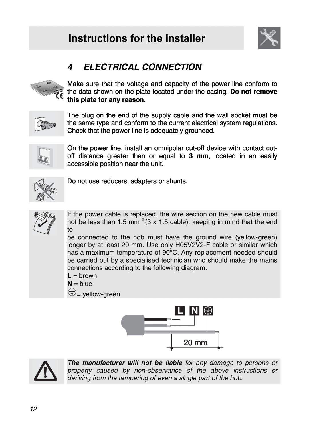 Smeg CIR34XS manual Electrical Connection, this plate for any reason, Instructions for the installer 