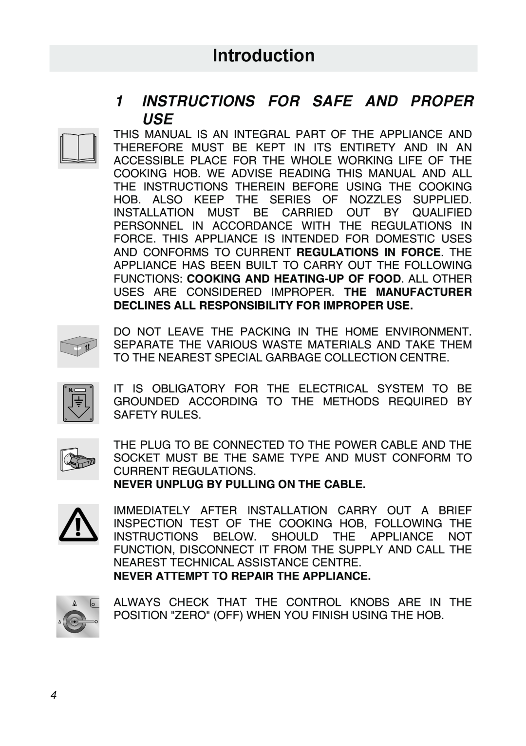 Smeg CIR34XS manual Introduction, Instructions For Safe And Proper Use, Declines All Responsibility For Improper Use 