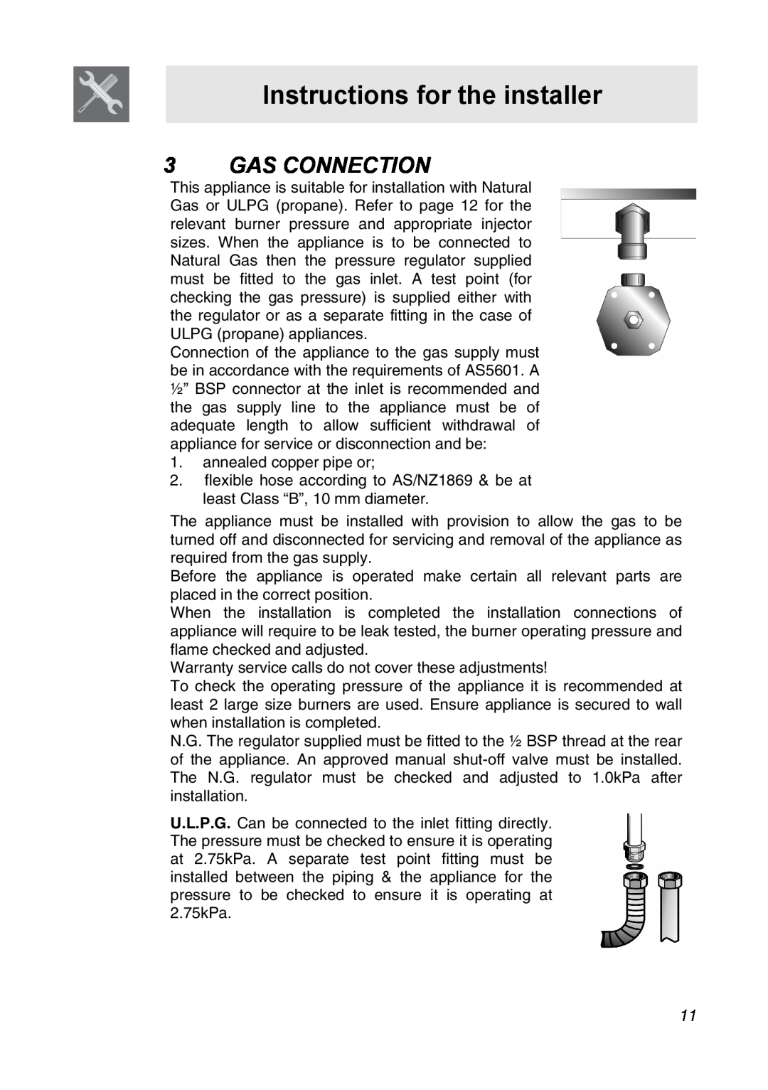 Smeg CIR34XS manual Instructions for the installer, Gas Connection 