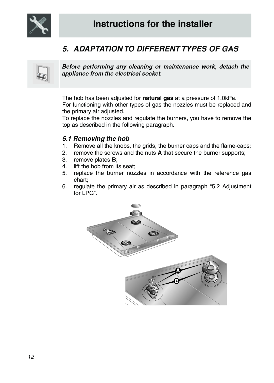 Smeg CIR576X, CIR574X, CIR575X manual Adaptation To Different Types Of Gas, Removing the hob, Instructions for the installer 