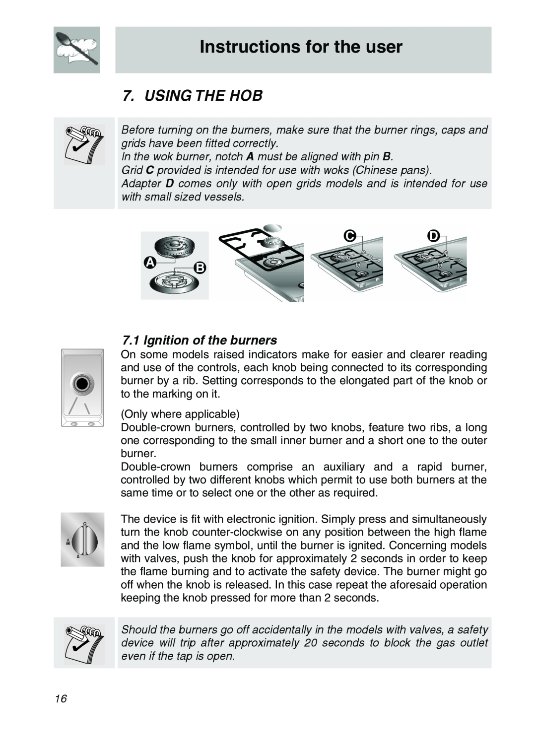 Smeg CIR575X, CIR574X, CIR576X manual Instructions for the user, Using The Hob, Ignition of the burners 
