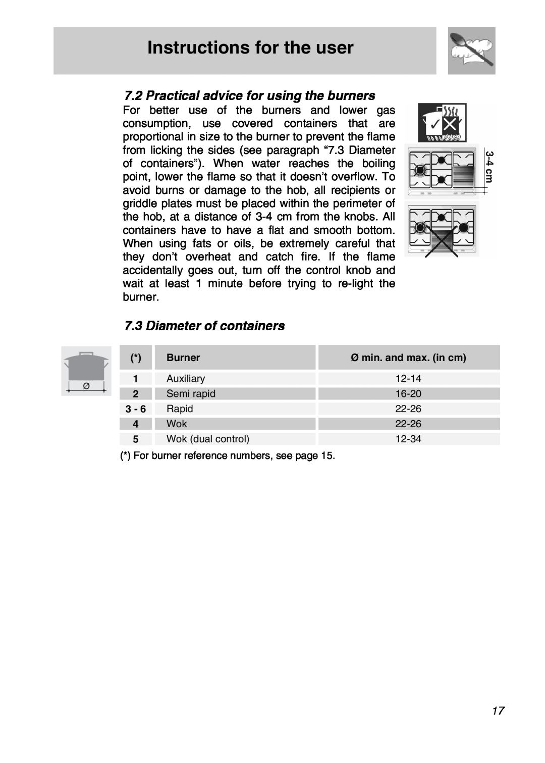 Smeg CIR574X manual 7.2Practical advice for using the burners, 7.3Diameter of containers, Instructions for the user, Burner 