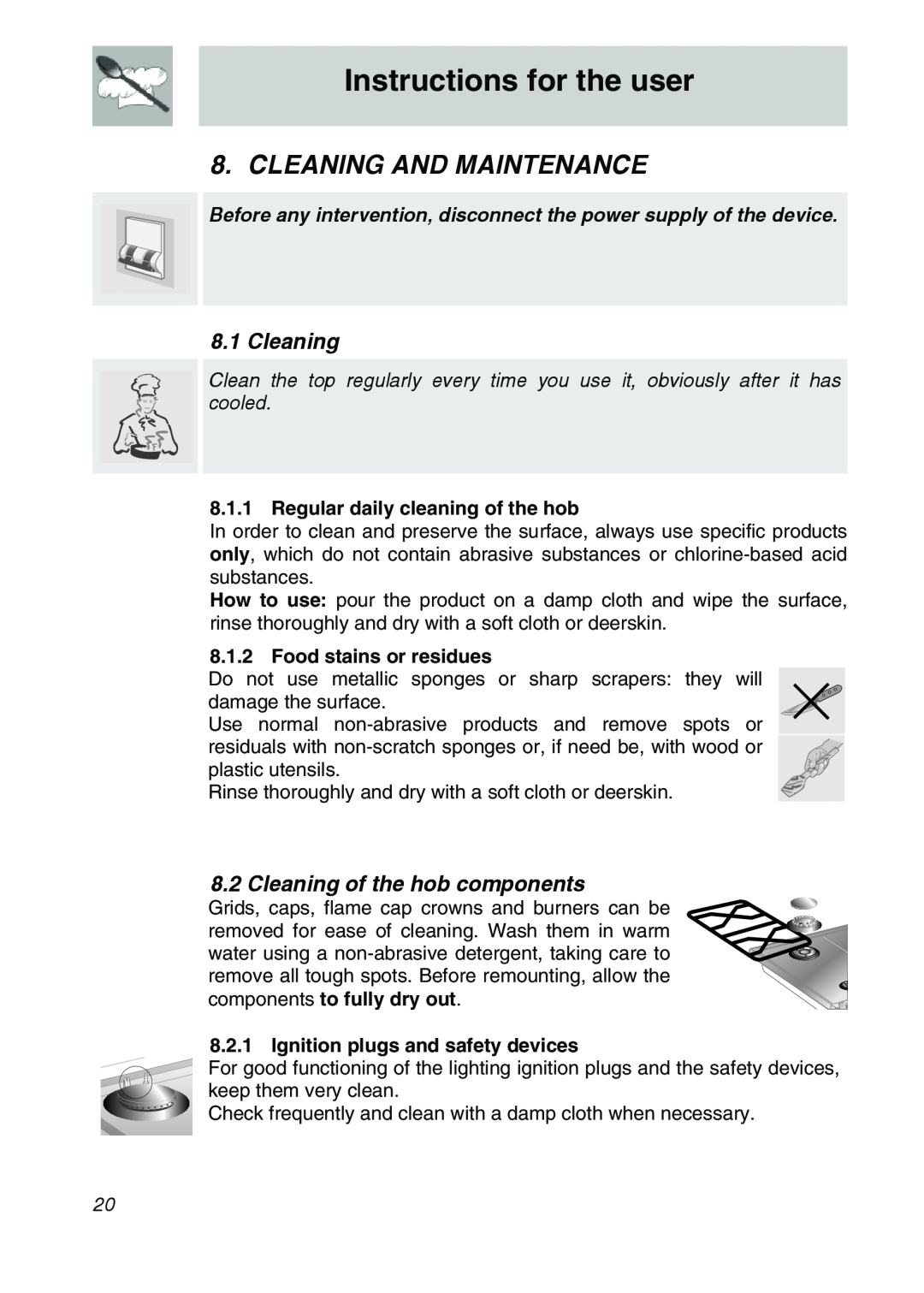 Smeg CIR574X, CIR576X, CIR575X Cleaning And Maintenance, Cleaning of the hob components, Regular daily cleaning of the hob 