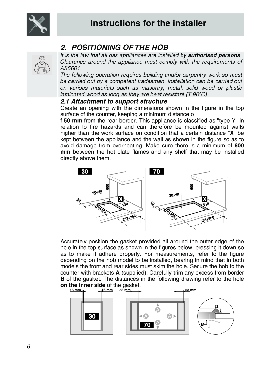 Smeg CIR576X, CIR574X, CIR575X manual Instructions for the installer, Positioning Of The Hob, Attachment to support structure 