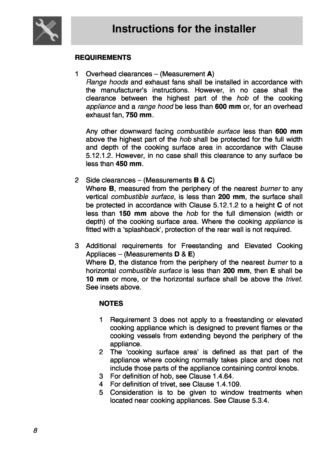 Smeg CIR574X, CIR576X, CIR575X manual Requirements, Notes, Instructions for the installer 