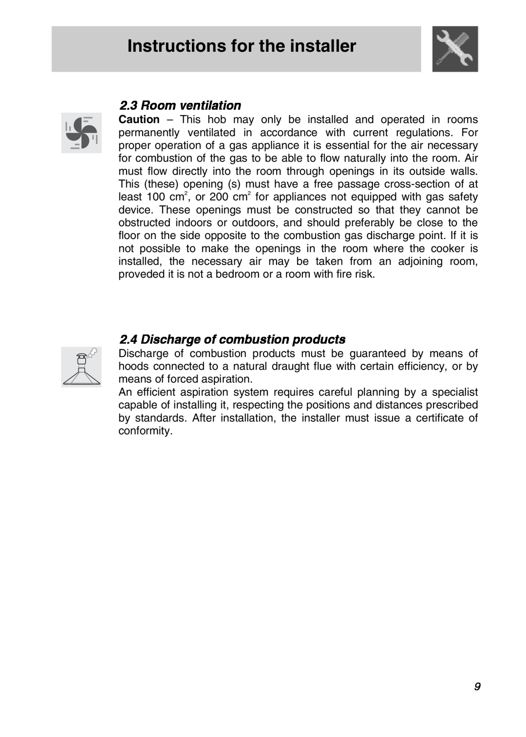 Smeg CIR576X, CIR574X, CIR575X manual Room ventilation, Discharge of combustion products, Instructions for the installer 