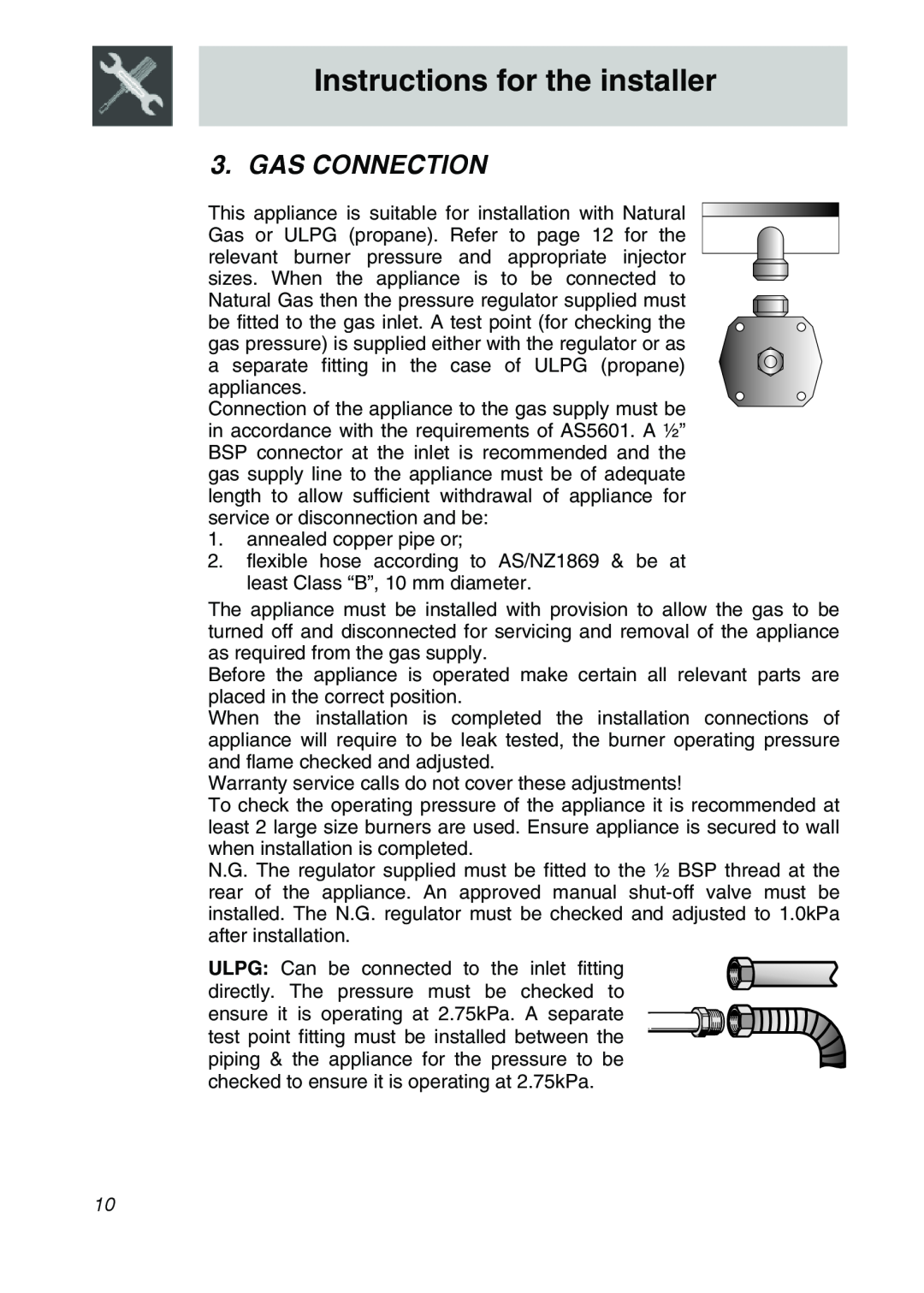 Smeg CIR575X, CIR574X, CIR576X manual Gas Connection, Instructions for the installer 