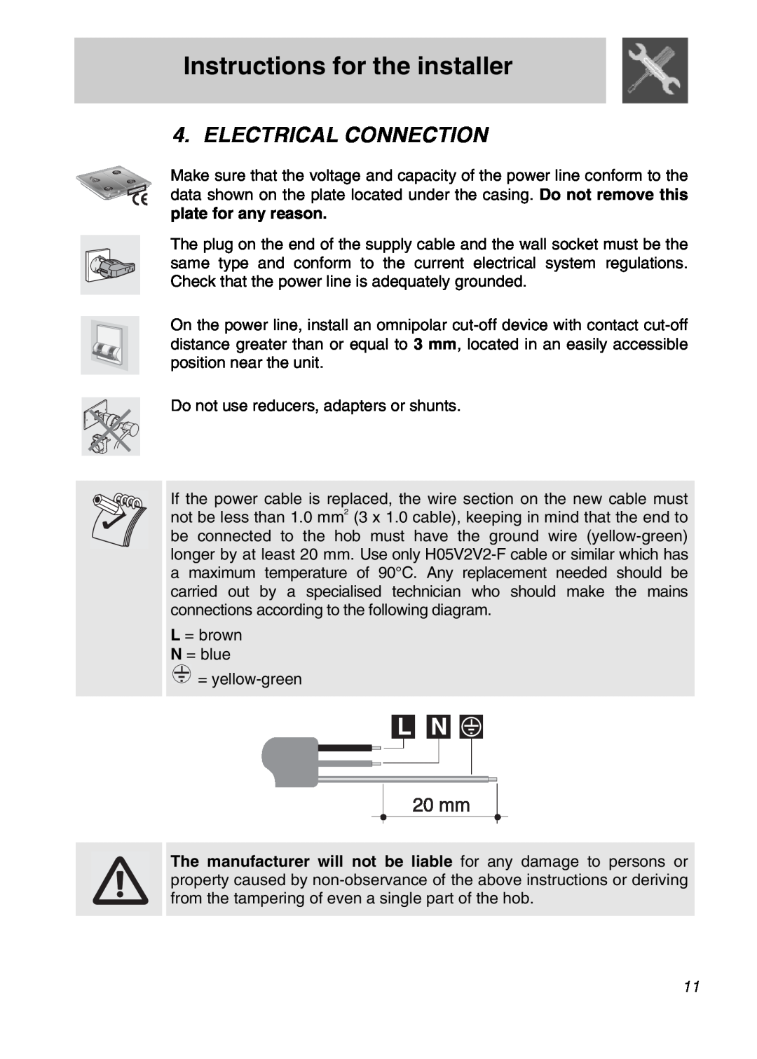 Smeg CIR574X, CIR576X, CIR575X manual Electrical Connection, Instructions for the installer 