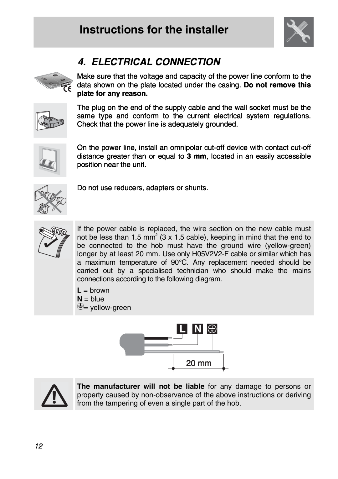 Smeg CIR597X5 manual Electrical Connection, Instructions for the installer 