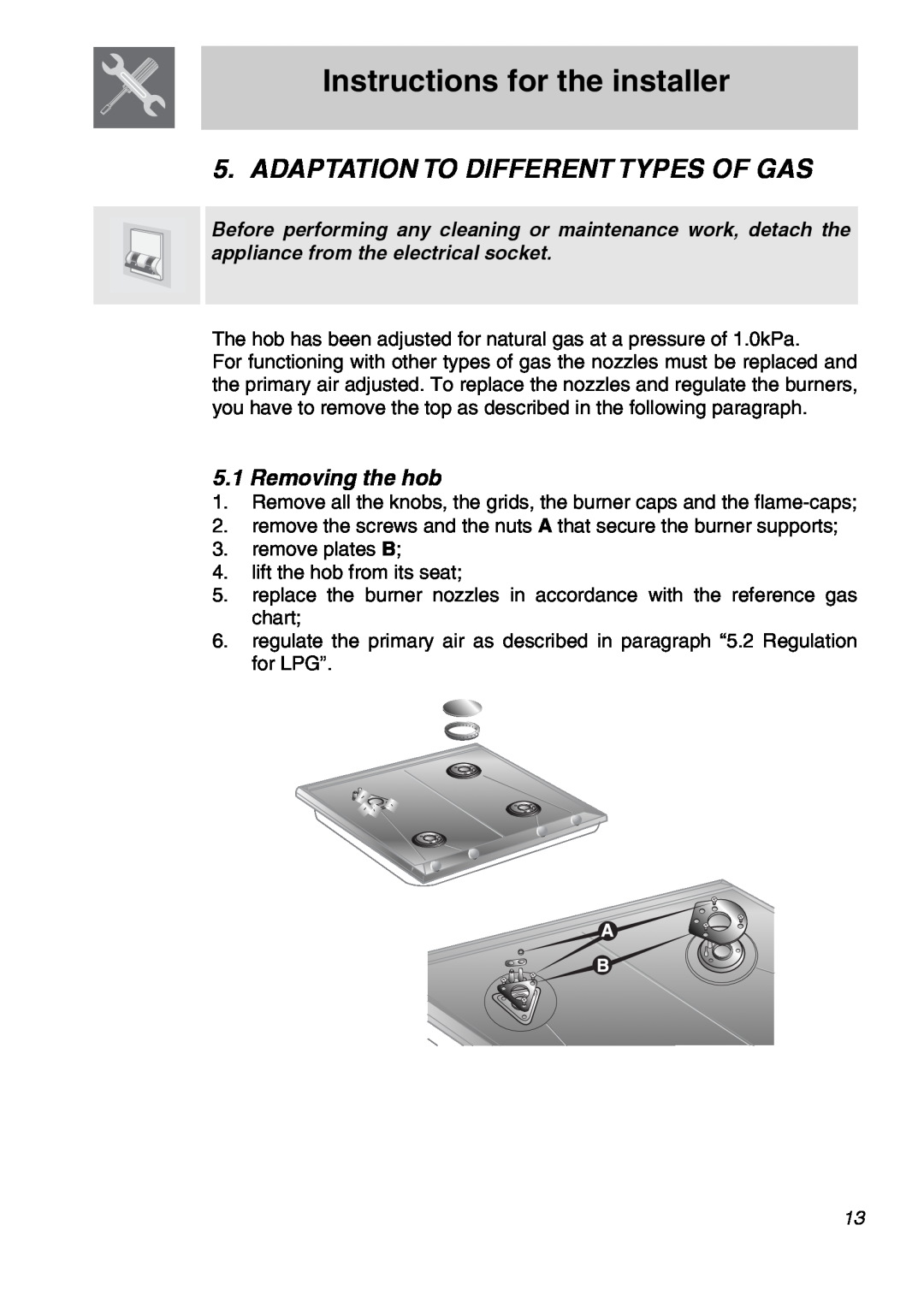 Smeg CIR597X5 manual Adaptation To Different Types Of Gas, Instructions for the installer, Removing the hob 