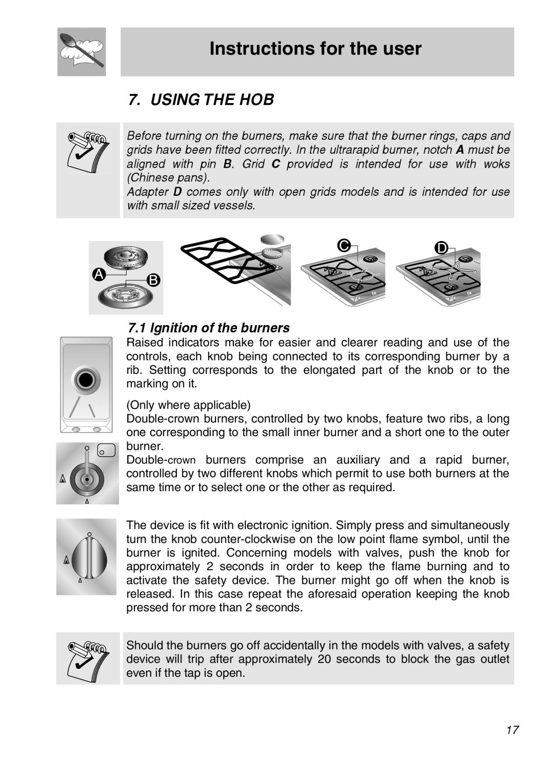 Smeg CIR597X5 manual Instructions for the user, Using The Hob 