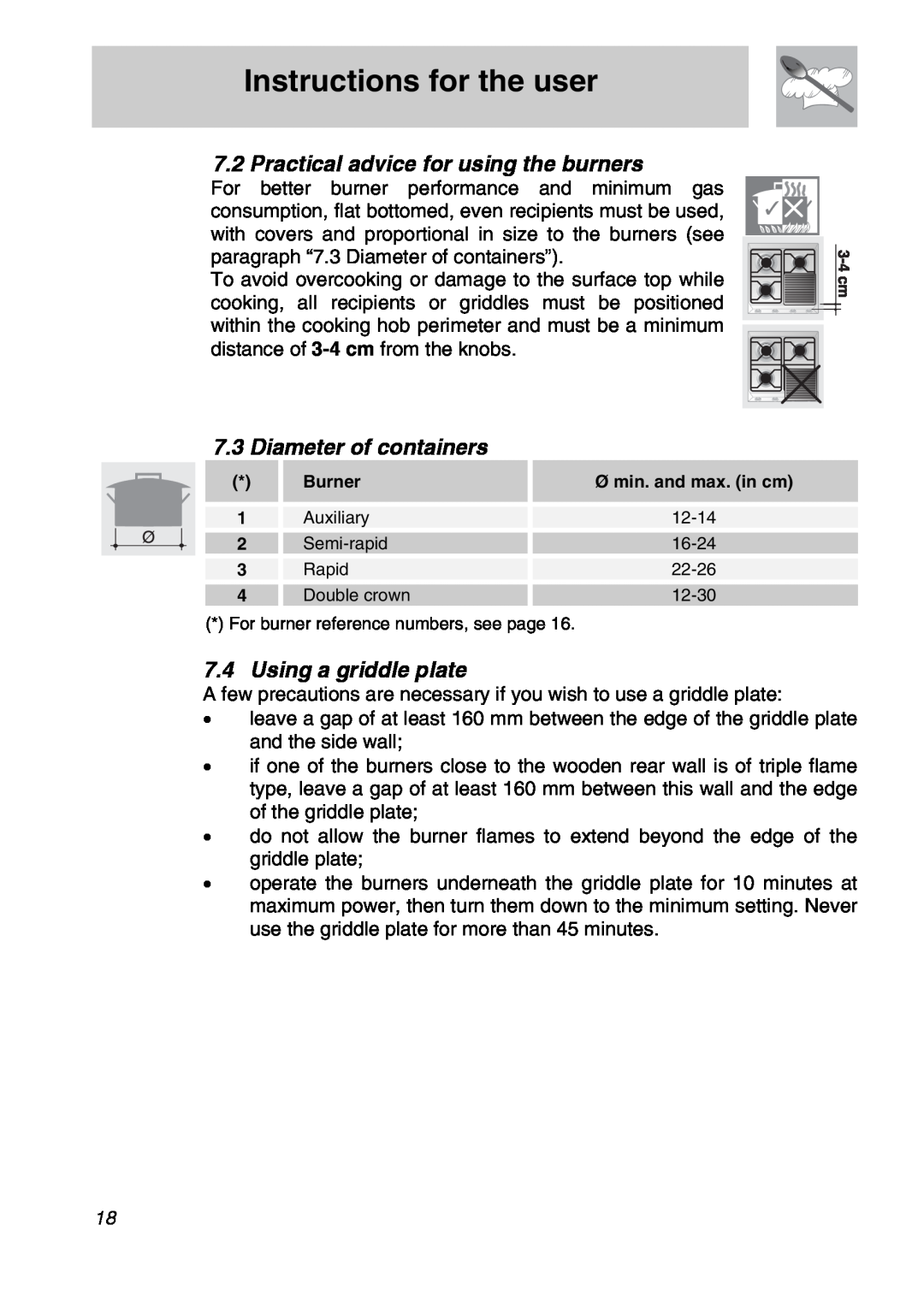 Smeg CIR597X Instructions for the user, Practical advice for using the burners, Diameter of containers, 1 2 3 4, Burner 