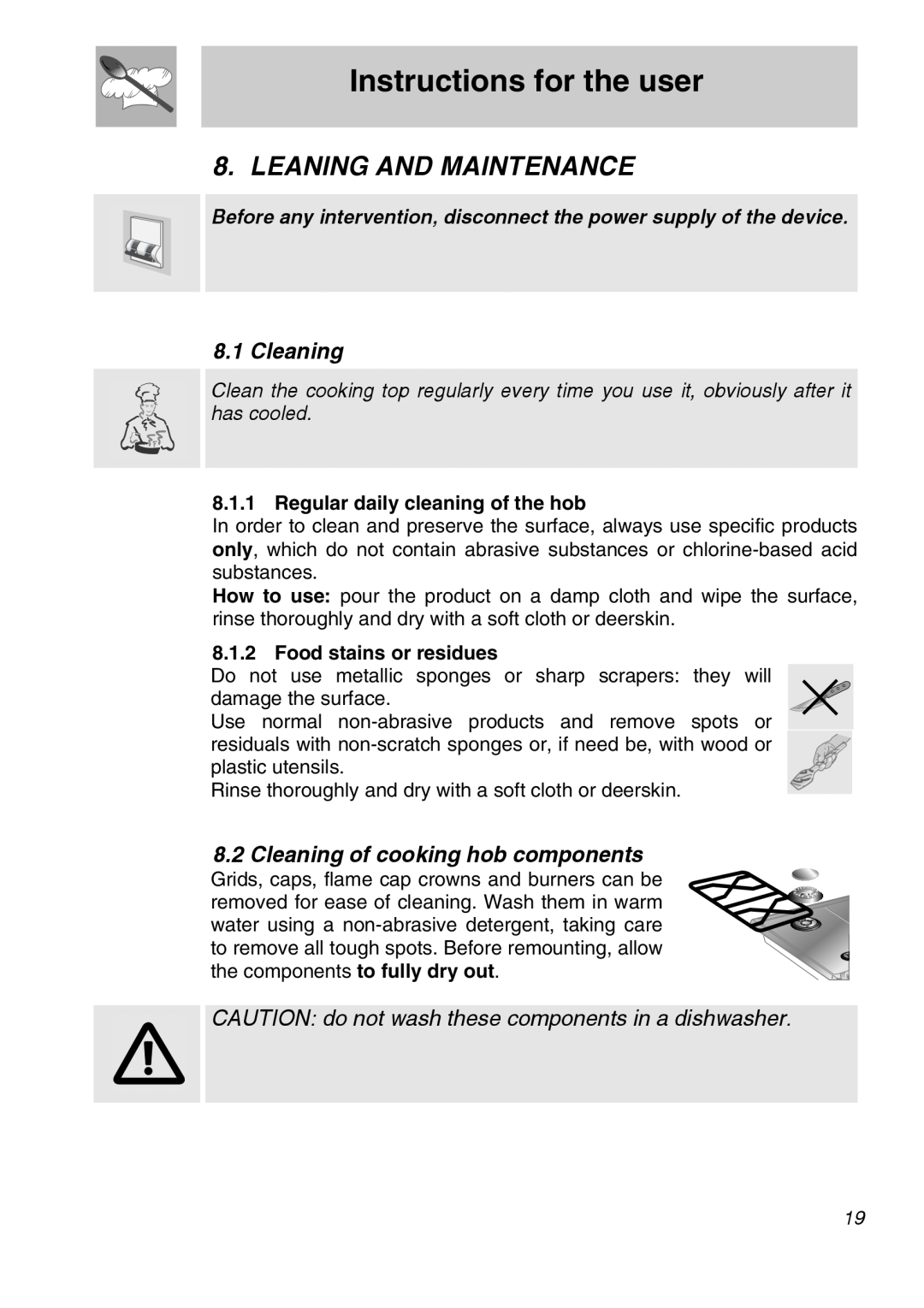 Smeg CIR597X5 manual Leaning And Maintenance, Instructions for the user, Cleaning of cooking hob components 