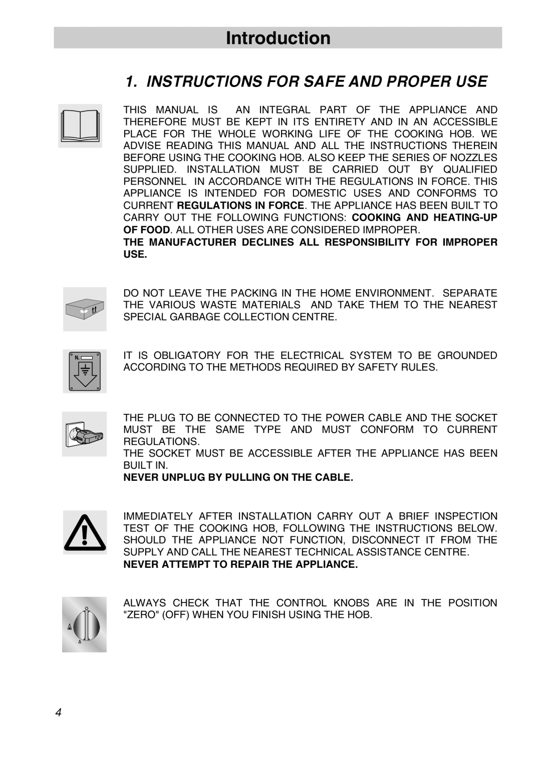 Smeg CIR597X5 manual Introduction, Instructions For Safe And Proper Use, Never Unplug By Pulling On The Cable 