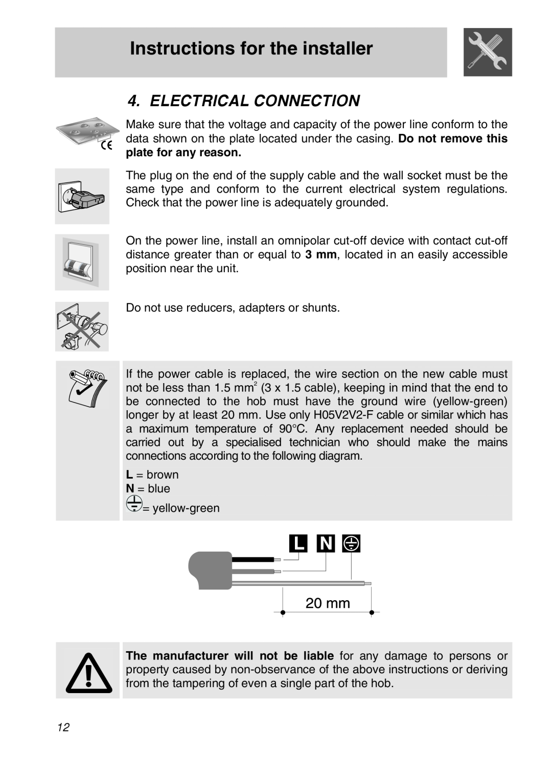 Smeg CIR60XS manual Electrical Connection, Instructions for the installer 