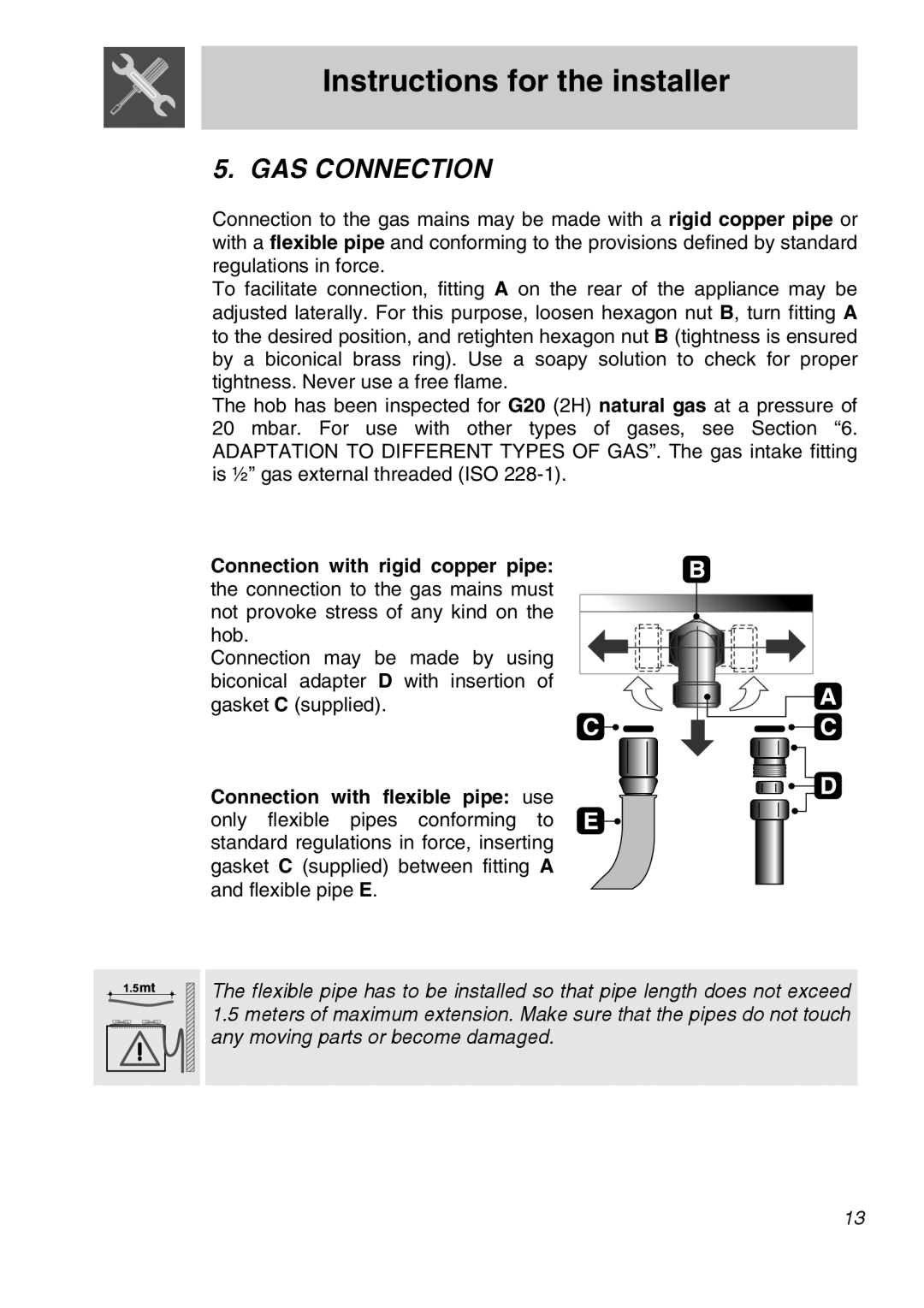 Smeg CIR60XS manual Gas Connection, Instructions for the installer 