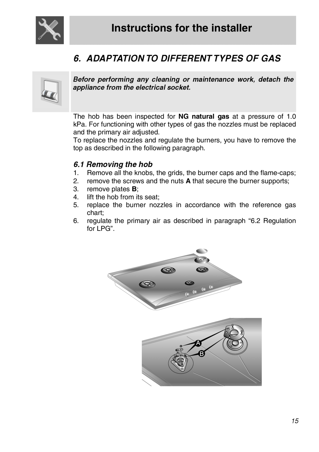 Smeg CIR60XS manual Adaptation To Different Types Of Gas, Instructions for the installer, Removing the hob 