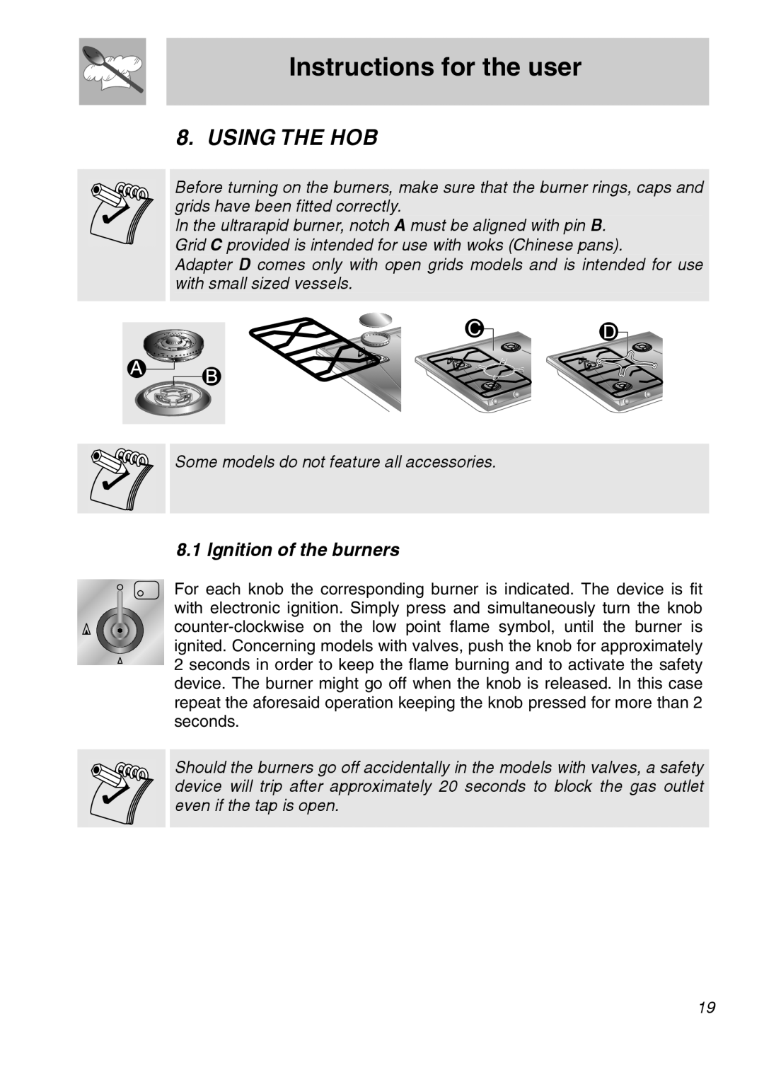 Smeg CIR60XS manual Instructions for the user, Using The Hob 